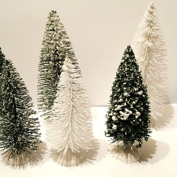 6 Green White 5.5"- 4" Miniature Sisal Bottle Brush Flocked Xmas Christmas Trees - Picture 2 of 2